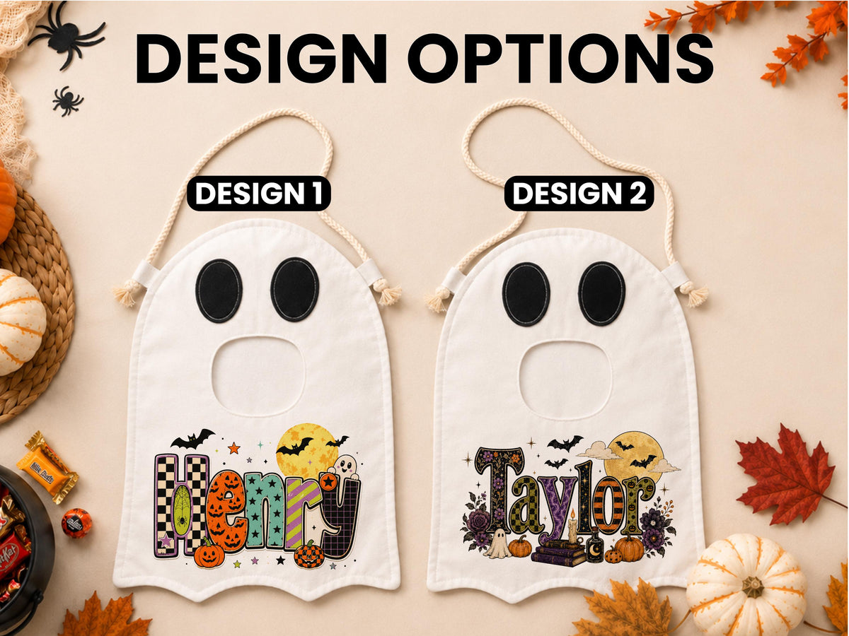 Ghost Halloween Trick or Treat Bag for Kids, Custom Name Spooky Halloween Candy Bag,Personalized Halloween Gift for Kids, Reusable Ghost Bag