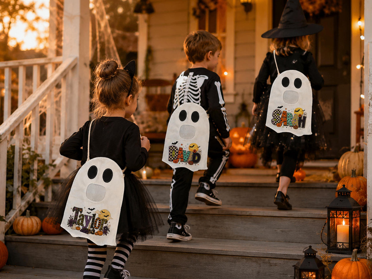 Ghost Halloween Trick or Treat Bag for Kids, Custom Name Spooky Halloween Candy Bag,Personalized Halloween Gift for Kids, Reusable Ghost Bag