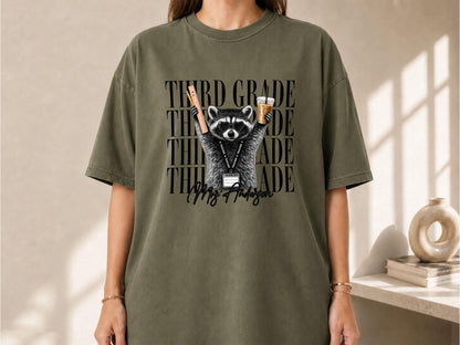 Kindergarten Teacher Shirt, Personalized Raccoon Teacher Shirt, Custom Grade Level Comfort Colors Tee, Funny Back to School Teacher Shirt