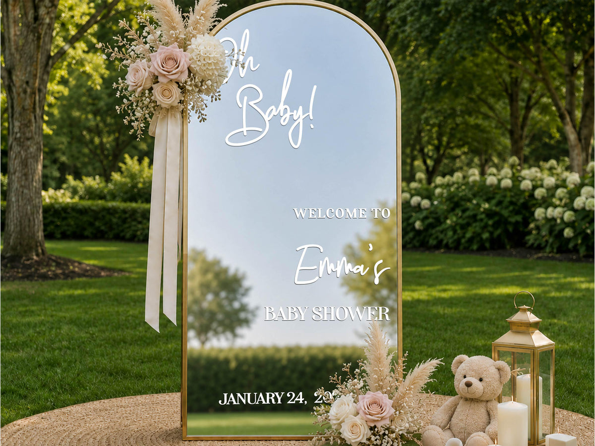 Custom Baby Shower Mirror Decal, Personalized Vinyl Welcome Sign Sticker, Oh Baby Sign for Gender Reveal Party
