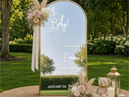 Custom Baby Shower Mirror Decal, Personalized Vinyl Welcome Sign Sticker, Oh Baby Sign for Gender Reveal Party