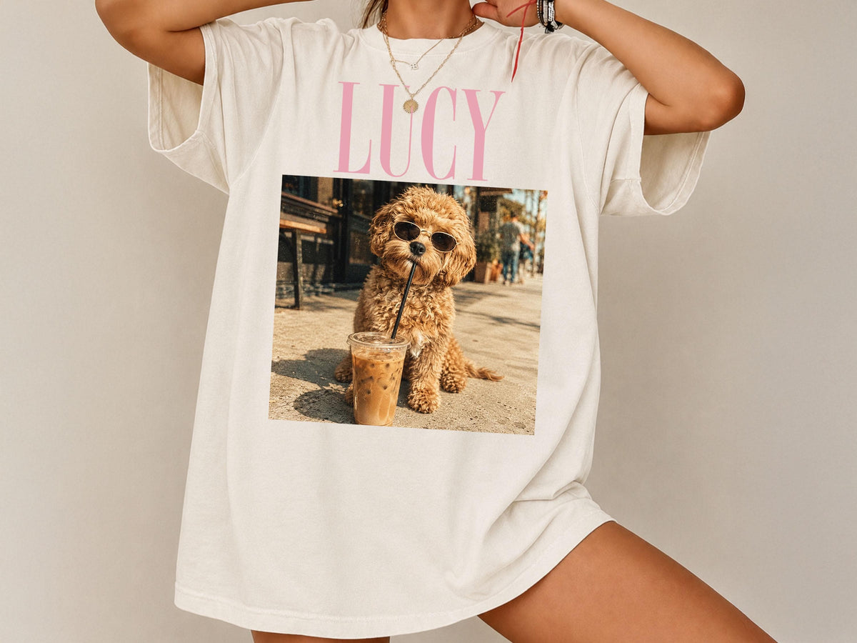 Custom Pet Portrait Iced Coffee Shirt, Dog Drinking Iced Coffee Tee, Comfort Colors Pet Photo Tshirt, Funny Dog Mom Gift, Custom Dog Shirt