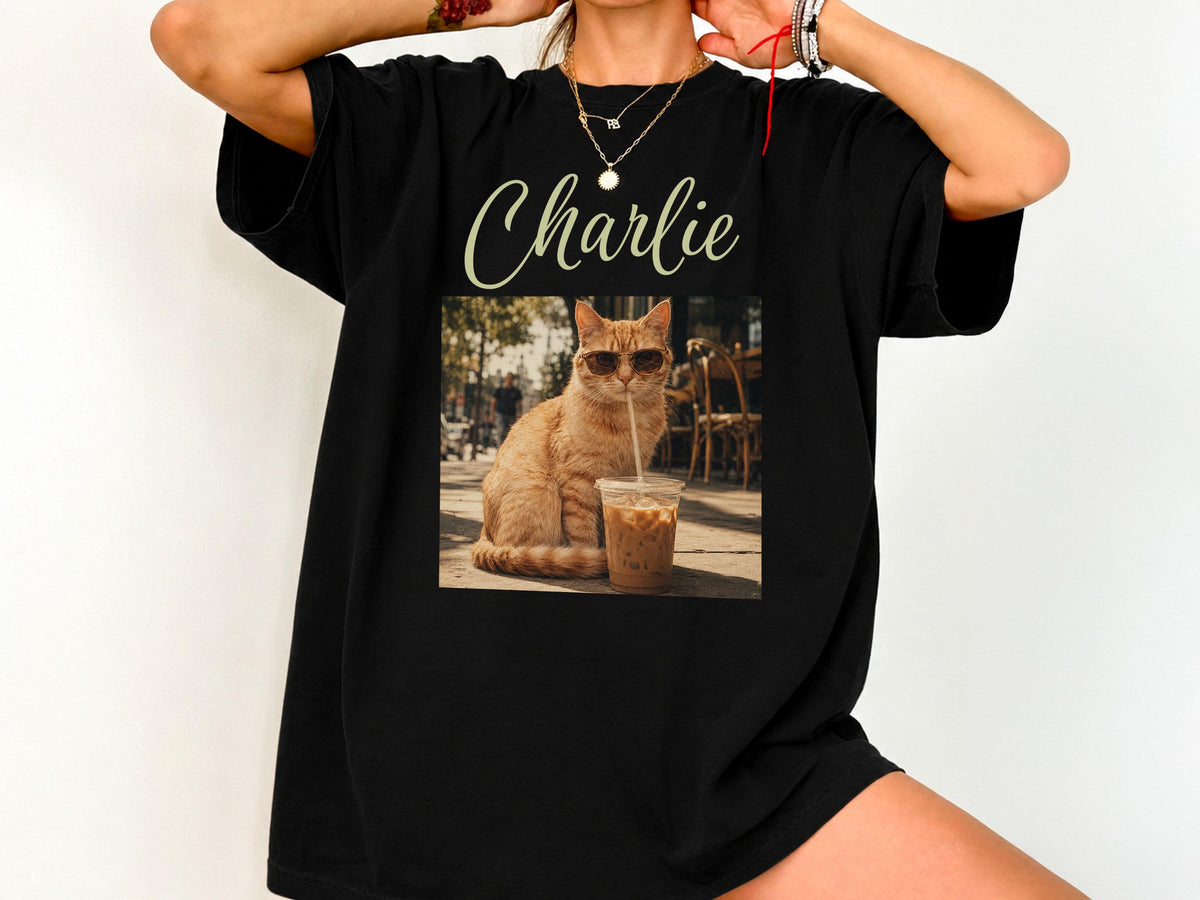 Custom Pet Portrait Iced Coffee Shirt, Dog Drinking Iced Coffee Tee, Comfort Colors Pet Photo Tshirt, Funny Dog Mom Gift, Custom Dog Shirt