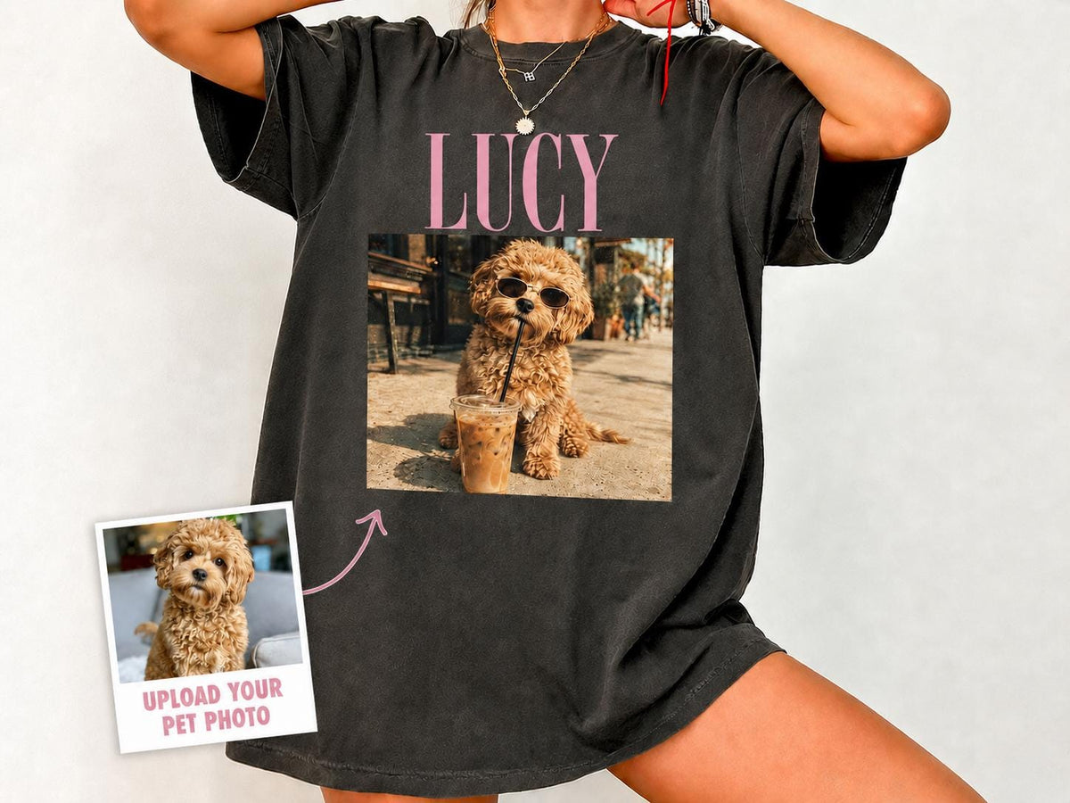 Custom Pet Portrait Iced Coffee Shirt, Dog Drinking Iced Coffee Tee, Comfort Colors Pet Photo Tshirt, Funny Dog Mom Gift, Custom Dog Shirt