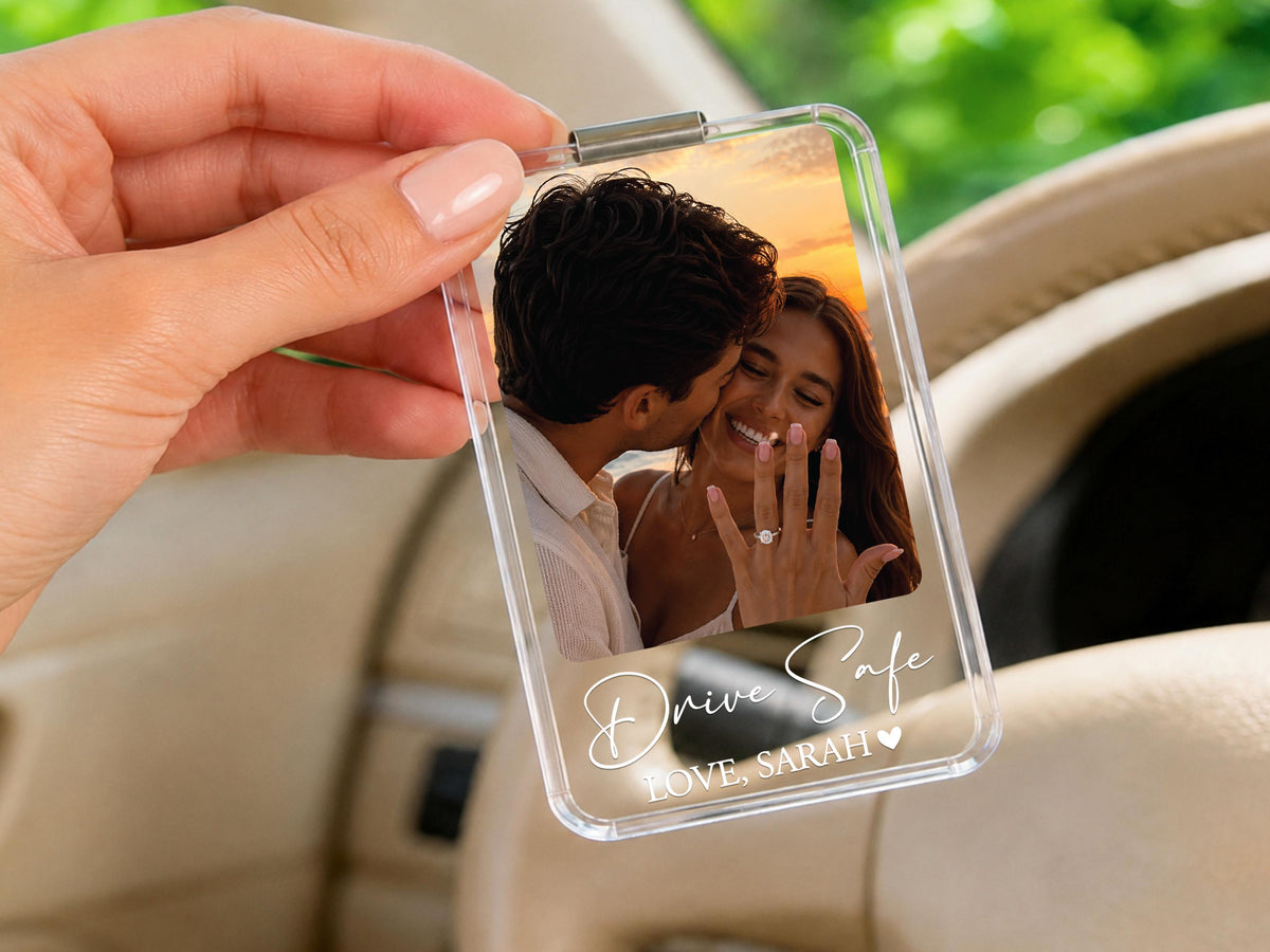 Personalized Couple Photo Car Visor Clip, Drive Safe I Love You Romantic Gifts for Him, Unique Anniversary Gift for Husband, Sun Visor Clip