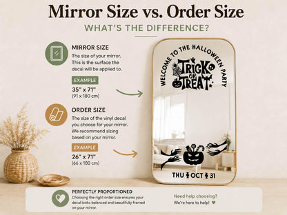 Custom Halloween Mirror Decal, Personalized Welcome Sign, Trick or Treat Vinyl Sticker for Halloween Party Decor