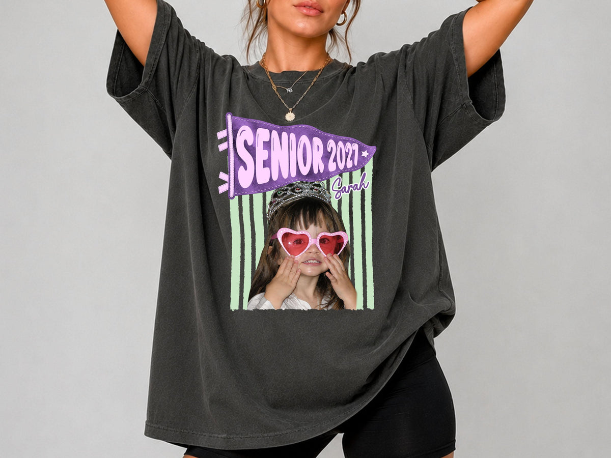 Senior 2027 Shirt with Custom Photo, Custom Name Pennant Flag Tee, Class of 2027 Graduation Gift, Comfort Colors T-Shirt