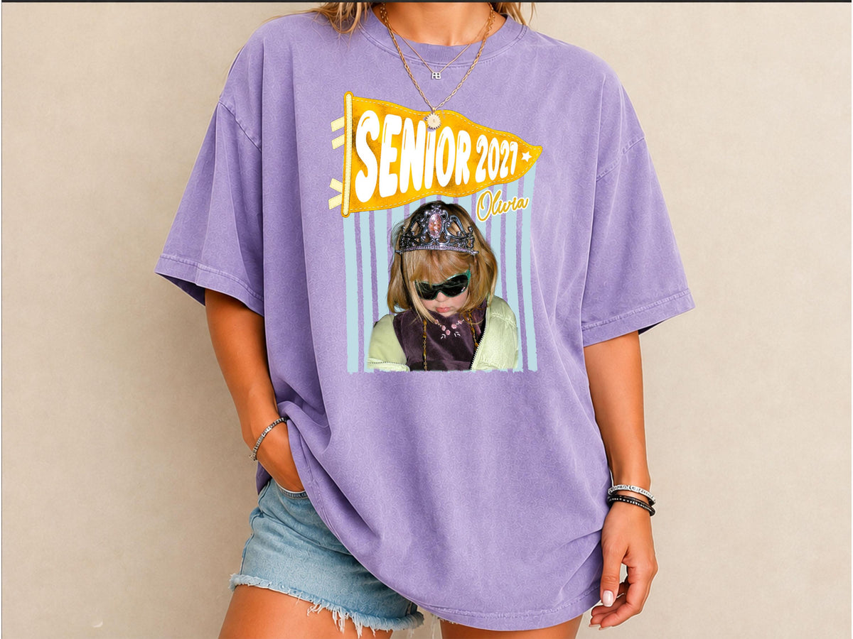 Senior 2027 Shirt with Custom Photo, Custom Name Pennant Flag Tee, Class of 2027 Graduation Gift, Comfort Colors T-Shirt