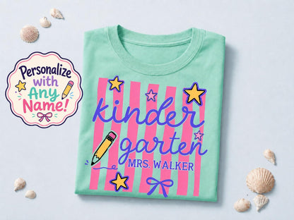 Personalized Kindergarten Teacher Shirt, Custom Teacher Gift, Retro Stripe Kindergarten Team Shirt, Comfort Colors Tshirt, Back to School