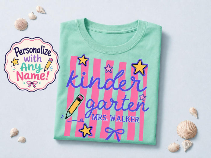 Personalized Kindergarten Teacher Shirt, Custom Teacher Gift, Retro Stripe Kindergarten Team Shirt, Comfort Colors Tshirt, Back to School