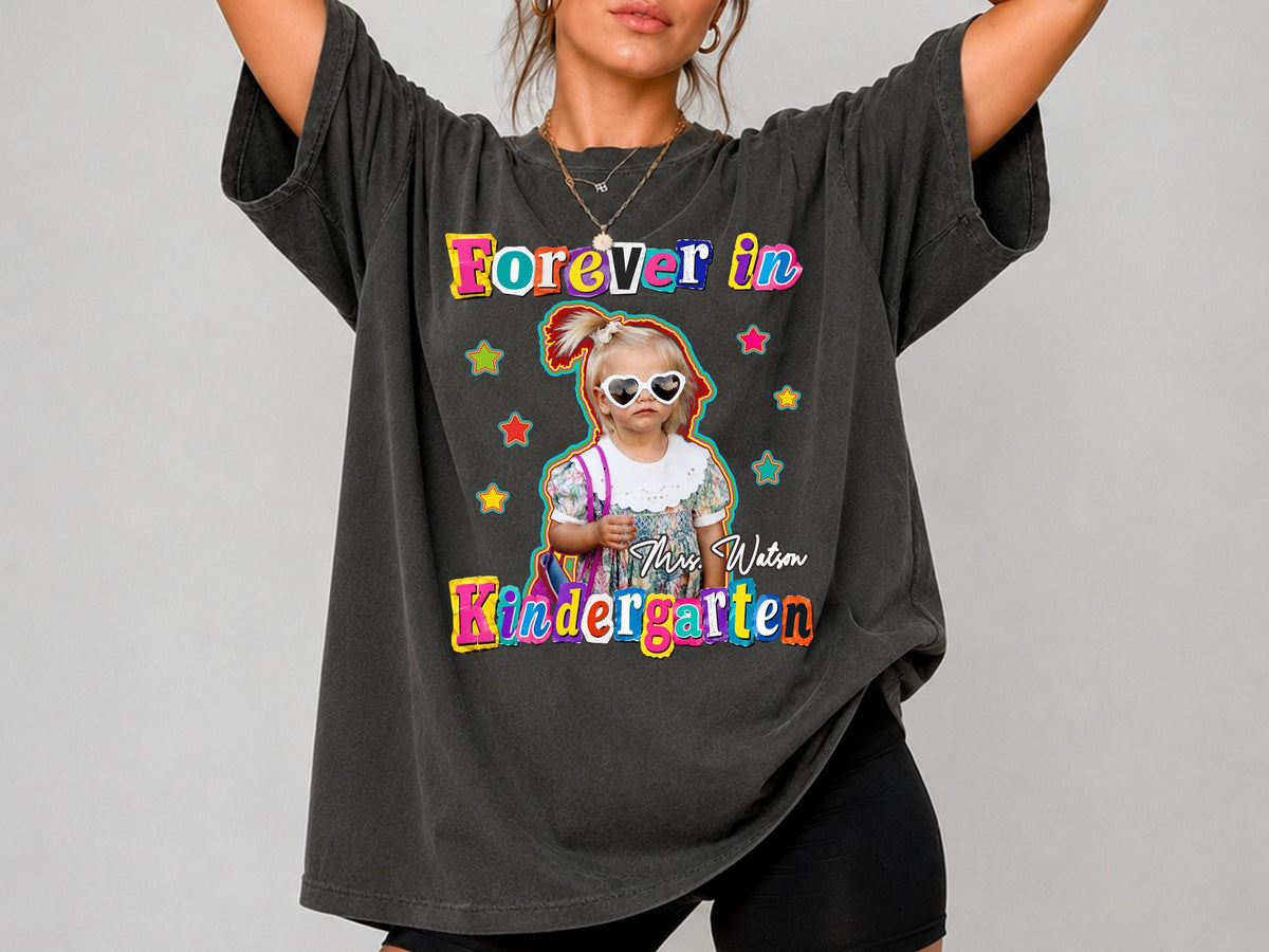 Kindergarten Teacher Shirt with Custom Childhood Photo, Personalized Forever in Kindergarten Tee, Comfort Colors Back to School Shirt