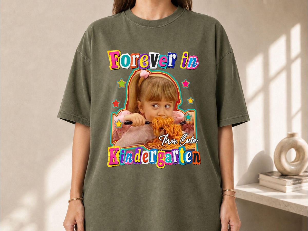Kindergarten Teacher Shirt with Custom Childhood Photo, Personalized Forever in Kindergarten Tee, Comfort Colors Back to School Shirt