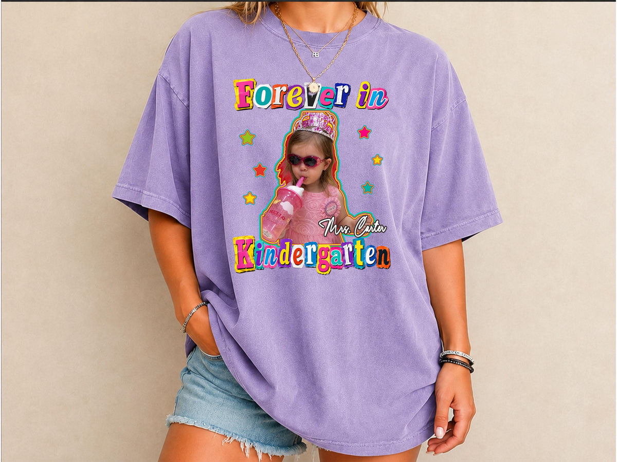 Kindergarten Teacher Shirt with Custom Childhood Photo, Personalized Forever in Kindergarten Tee, Comfort Colors Back to School Shirt