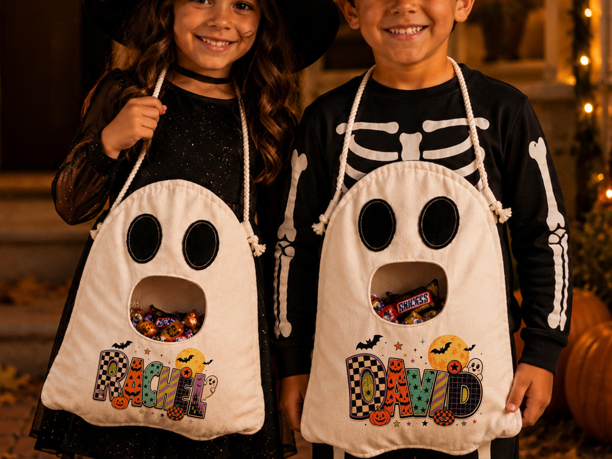 Ghost Halloween Trick or Treat Bag for Kids, Custom Name Spooky Halloween Candy Bag,Personalized Halloween Gift for Kids, Reusable Ghost Bag