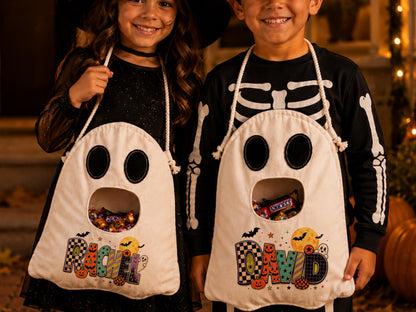 Ghost Halloween Trick or Treat Bag for Kids, Custom Name Spooky Halloween Candy Bag,Personalized Halloween Gift for Kids, Reusable Ghost Bag