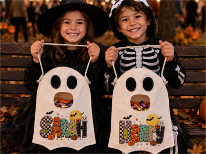 Ghost Halloween Trick or Treat Bag for Kids, Custom Name Spooky Halloween Candy Bag,Personalized Halloween Gift for Kids, Reusable Ghost Bag