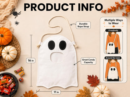 Ghost Halloween Trick or Treat Bag for Kids, Custom Name Spooky Halloween Candy Bag,Personalized Halloween Gift for Kids, Reusable Ghost Bag
