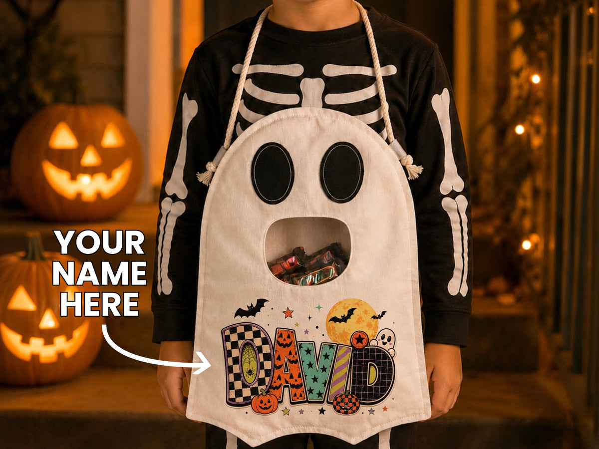Ghost Halloween Trick or Treat Bag for Kids, Custom Name Spooky Halloween Candy Bag,Personalized Halloween Gift for Kids, Reusable Ghost Bag