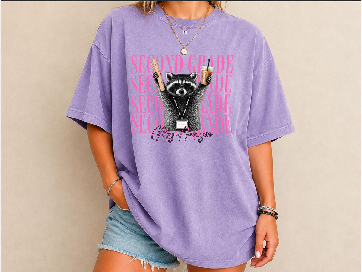 Kindergarten Teacher Shirt, Personalized Raccoon Teacher Shirt, Custom Grade Level Comfort Colors Tee, Funny Back to School Teacher Shirt