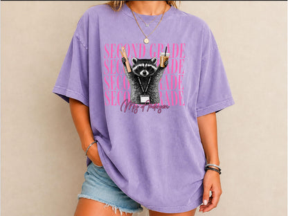 Kindergarten Teacher Shirt, Personalized Raccoon Teacher Shirt, Custom Grade Level Comfort Colors Tee, Funny Back to School Teacher Shirt