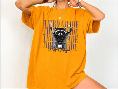 Kindergarten Teacher Shirt, Personalized Raccoon Teacher Shirt, Custom Grade Level Comfort Colors Tee, Funny Back to School Teacher Shirt