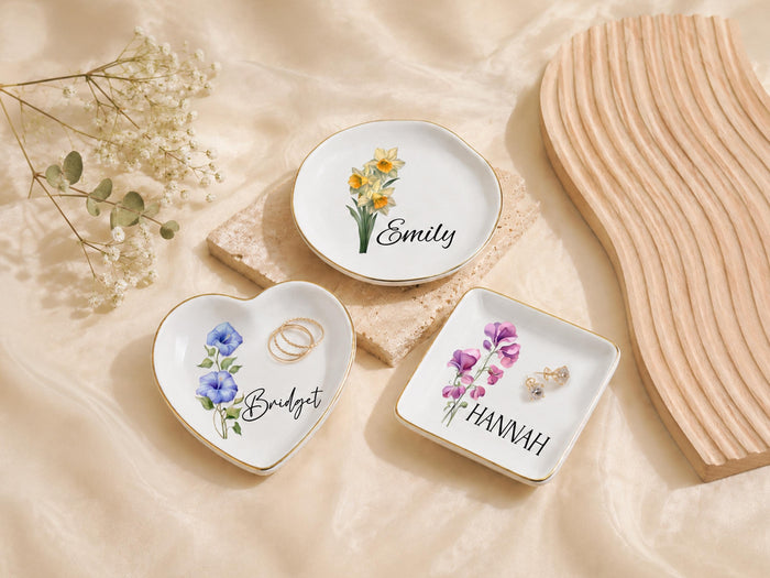 Personalized Birth Flower Ring Dish, Wedding Bridesmaid Gift for Her Trinket Dish, Custom Name Watercolor Flower Ring Dish