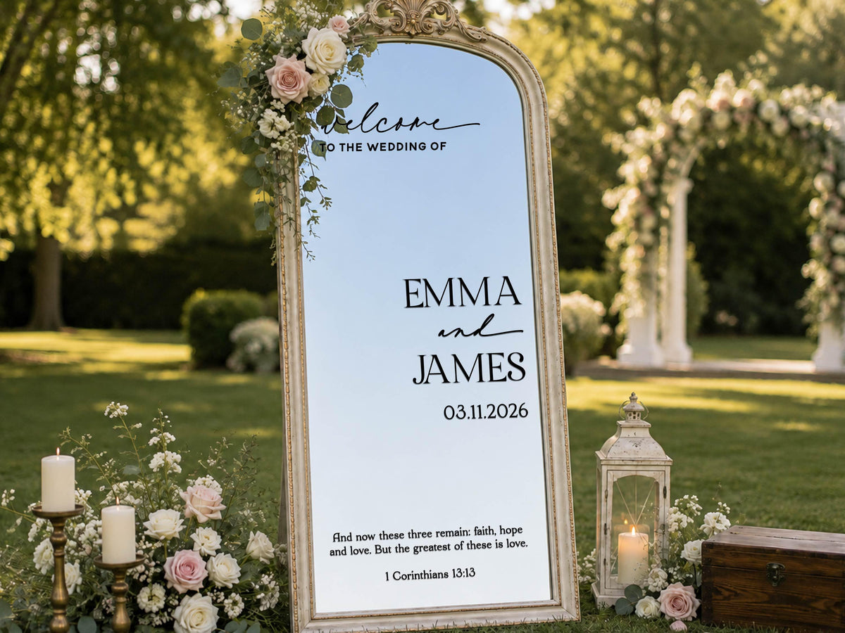 Wedding Mirror Decal, Personalized Christian Wedding Welcome Sign with Bible Verse, Custom Vinyl Lettering for Reception Decor