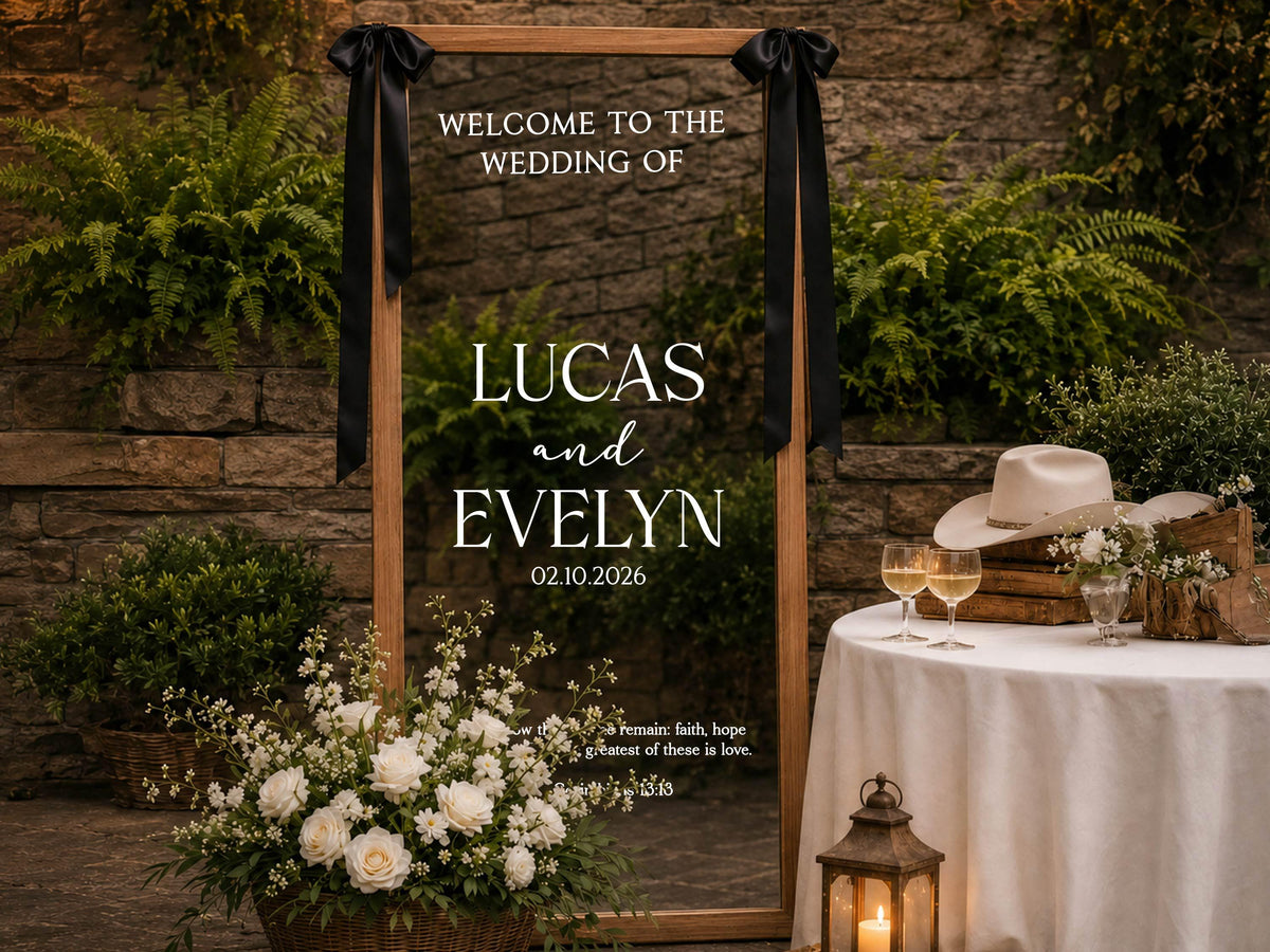 Wedding Mirror Decal, Personalized Christian Wedding Welcome Sign with Bible Verse, Custom Vinyl Lettering for Reception Decor