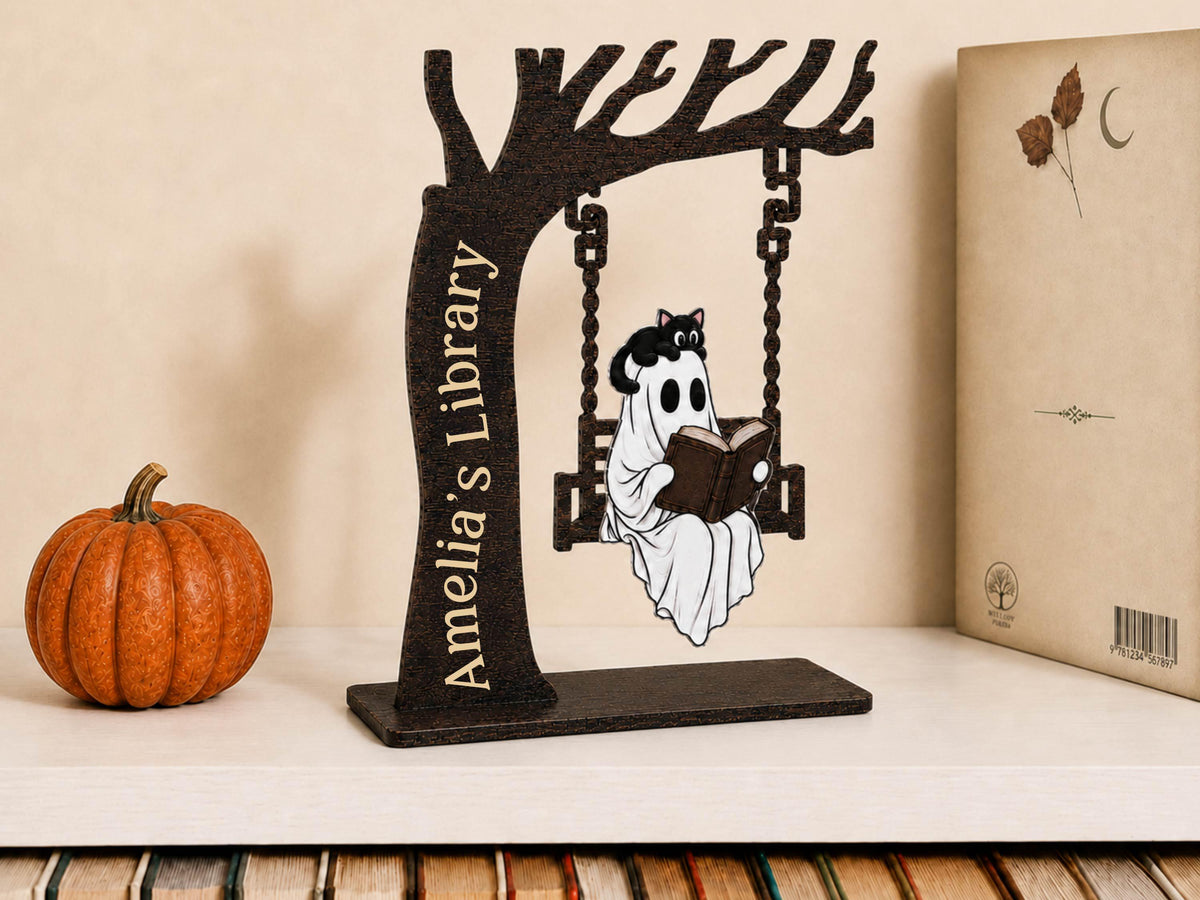 Personalized Halloween Ghost Bookshelf Sign for Book Nook, Cute Ghost On Swing Halloween Decor for Book Lover, Custom Name Library Sign