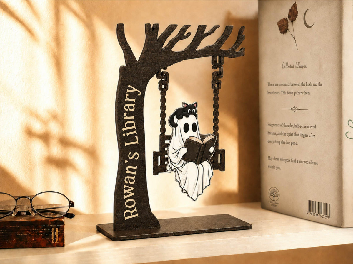 Personalized Halloween Ghost Bookshelf Sign for Book Nook, Cute Ghost On Swing Halloween Decor for Book Lover, Custom Name Library Sign