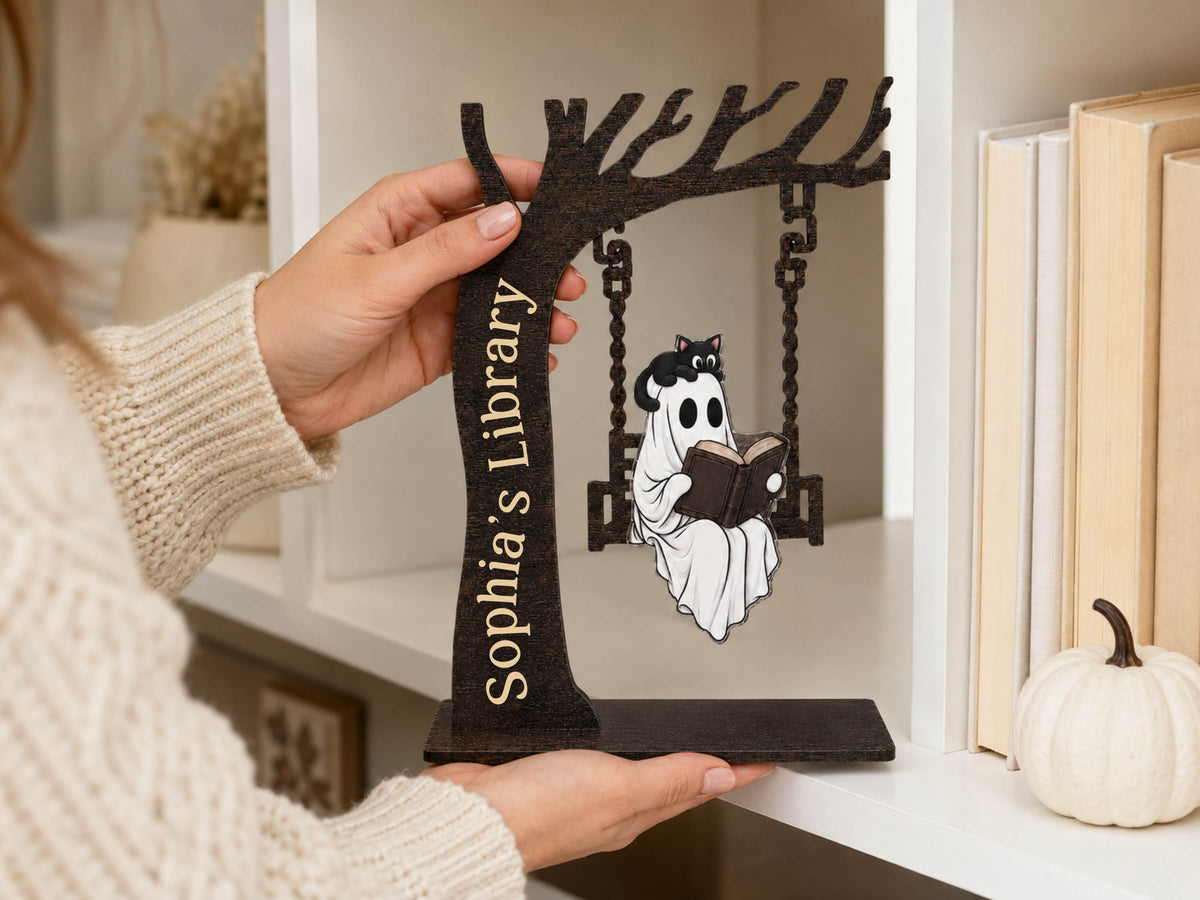 Personalized Halloween Ghost Bookshelf Sign for Book Nook, Cute Ghost On Swing Halloween Decor for Book Lover, Custom Name Library Sign