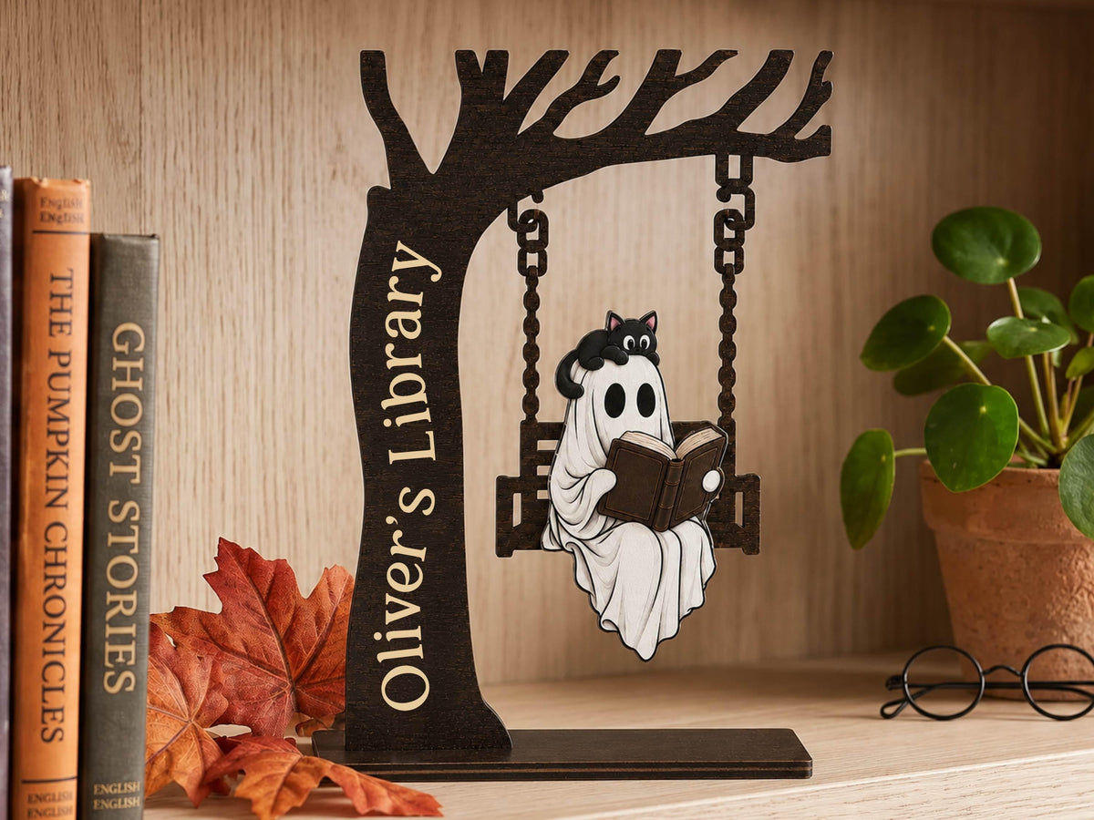 Personalized Halloween Ghost Bookshelf Sign for Book Nook, Cute Ghost On Swing Halloween Decor for Book Lover, Custom Name Library Sign