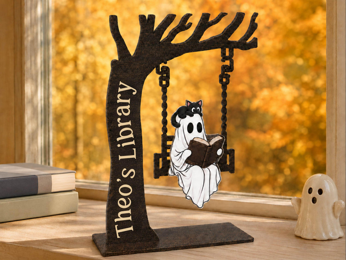 Personalized Halloween Ghost Bookshelf Sign for Book Nook, Cute Ghost On Swing Halloween Decor for Book Lover, Custom Name Library Sign