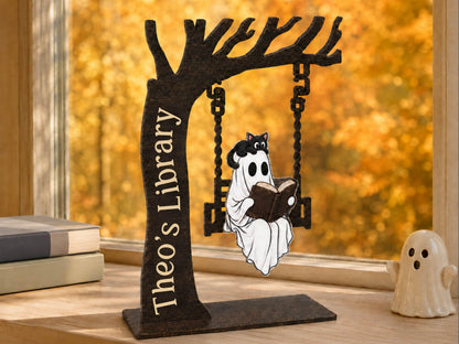 Personalized Halloween Ghost Bookshelf Sign for Book Nook, Cute Ghost On Swing Halloween Decor for Book Lover, Custom Name Library Sign