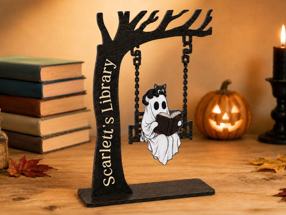 Personalized Halloween Ghost Bookshelf Sign for Book Nook, Cute Ghost On Swing Halloween Decor for Book Lover, Custom Name Library Sign
