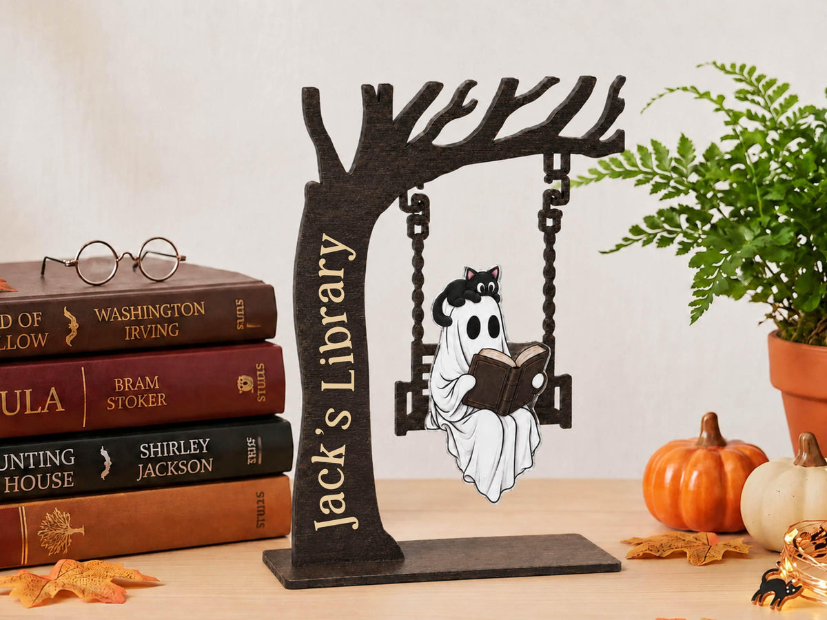 Personalized Halloween Ghost Bookshelf Sign for Book Nook, Cute Ghost On Swing Halloween Decor for Book Lover, Custom Name Library Sign