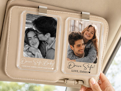 Personalized Couple Photo Car Visor Clip, Drive Safe I Love You Romantic Gifts for Him, Unique Anniversary Gift for Husband, Sun Visor Clip