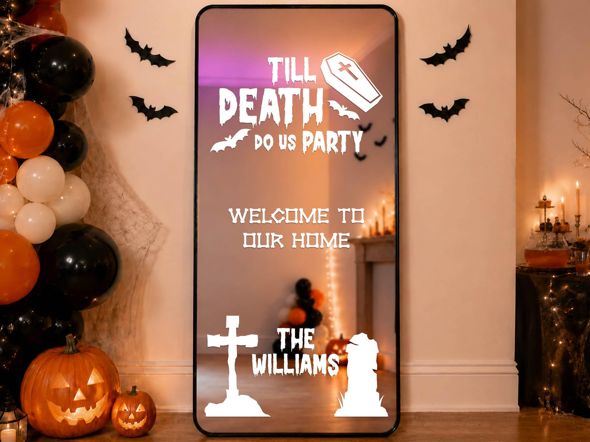Custom Halloween Mirror Decal, Personalized Welcome Sign, Trick or Treat Vinyl Sticker for Halloween Party Decor