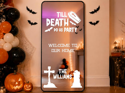 Custom Halloween Mirror Decal, Personalized Welcome Sign, Trick or Treat Vinyl Sticker for Halloween Party Decor