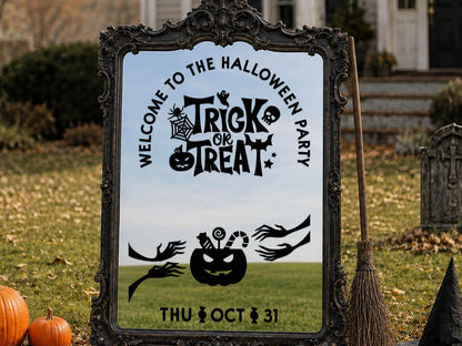 Custom Halloween Mirror Decal, Personalized Welcome Sign, Trick or Treat Vinyl Sticker for Halloween Party Decor