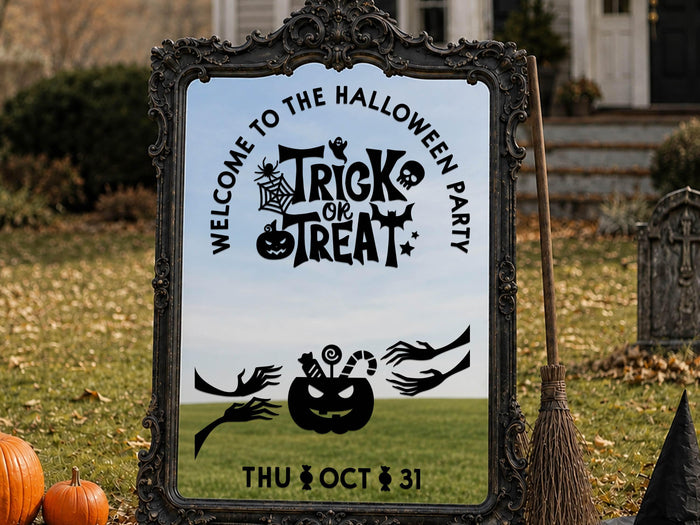 Custom Halloween Mirror Decal, Personalized Welcome Sign, Trick or Treat Vinyl Sticker for Halloween Party Decor