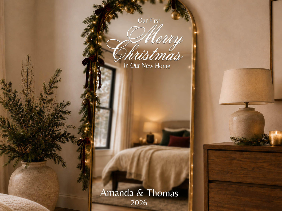 Personalized Christmas Mirror Decal, Custom Vinyl Lettering, Holiday Welcome Sign for Family or Company Party, Christmas Window Decal