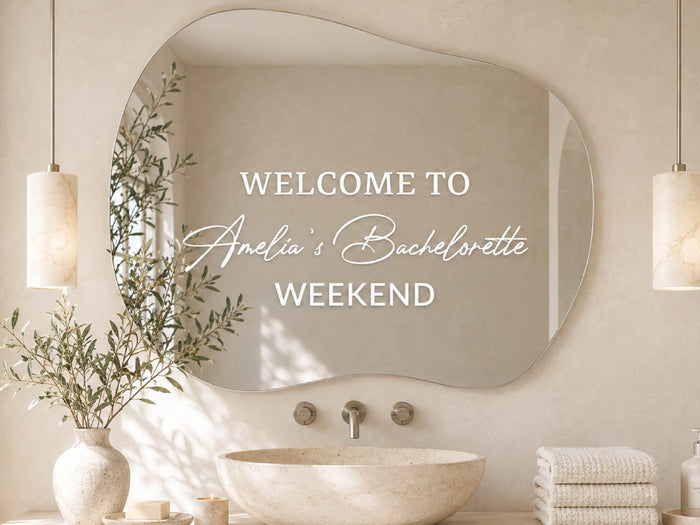 Custom Mirror Decal with Vinyl Lettering, Personalized Mirror Welcome Sign for Wedding, Bachelorette Party, Business and Home Decor