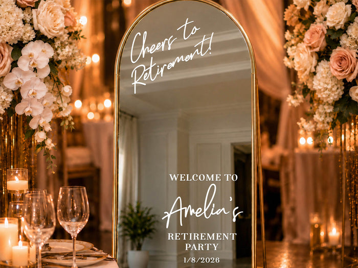 Retirement Party Sign, Custom Mirror Decal, Personalized Mirror Welcome Sign, Vinyl Sticker for Retirement Party Decorations