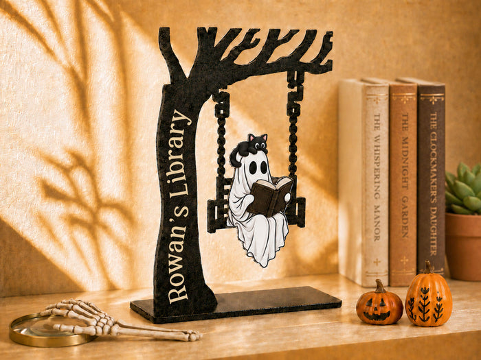 Personalized Halloween Ghost Bookshelf Sign for Book Nook, Chilling Ghost On Swing Custom Name Library Sign, Cute Ghost Decor for Book Lover