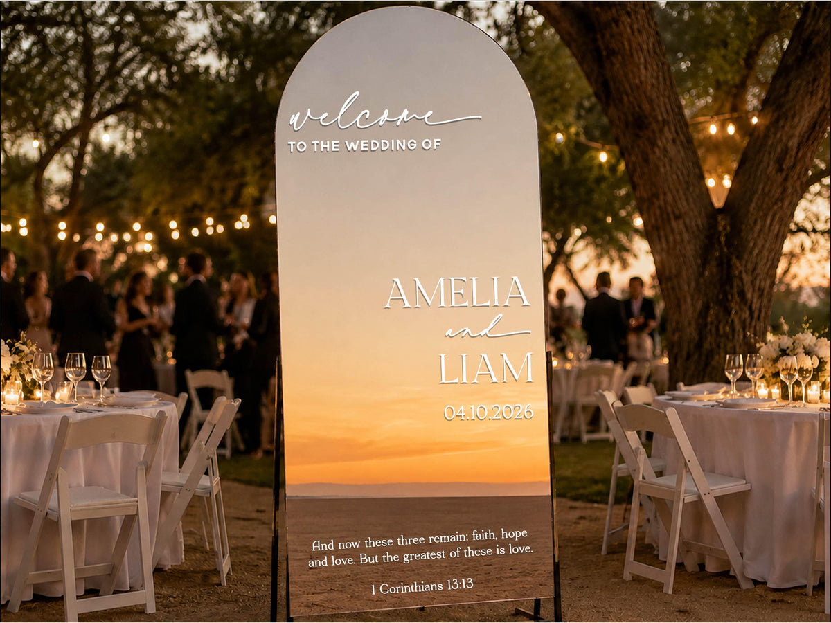 Wedding Mirror Decal, Personalized Christian Wedding Welcome Sign with Bible Verse, Custom Vinyl Lettering for Reception Decor