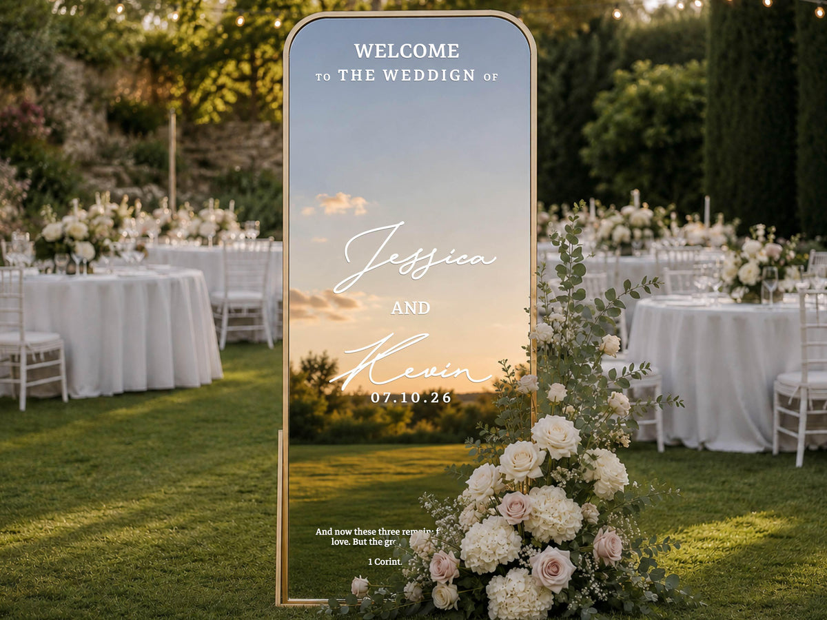 Wedding Mirror Decal, Personalized Christian Wedding Welcome Sign with Bible Verse, Custom Vinyl Lettering for Reception Decor