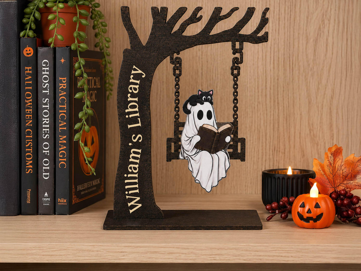 Personalized Halloween Ghost Bookshelf Sign for Book Nook, Cute Ghost On Swing Halloween Decor for Book Lover, Custom Name Library Sign