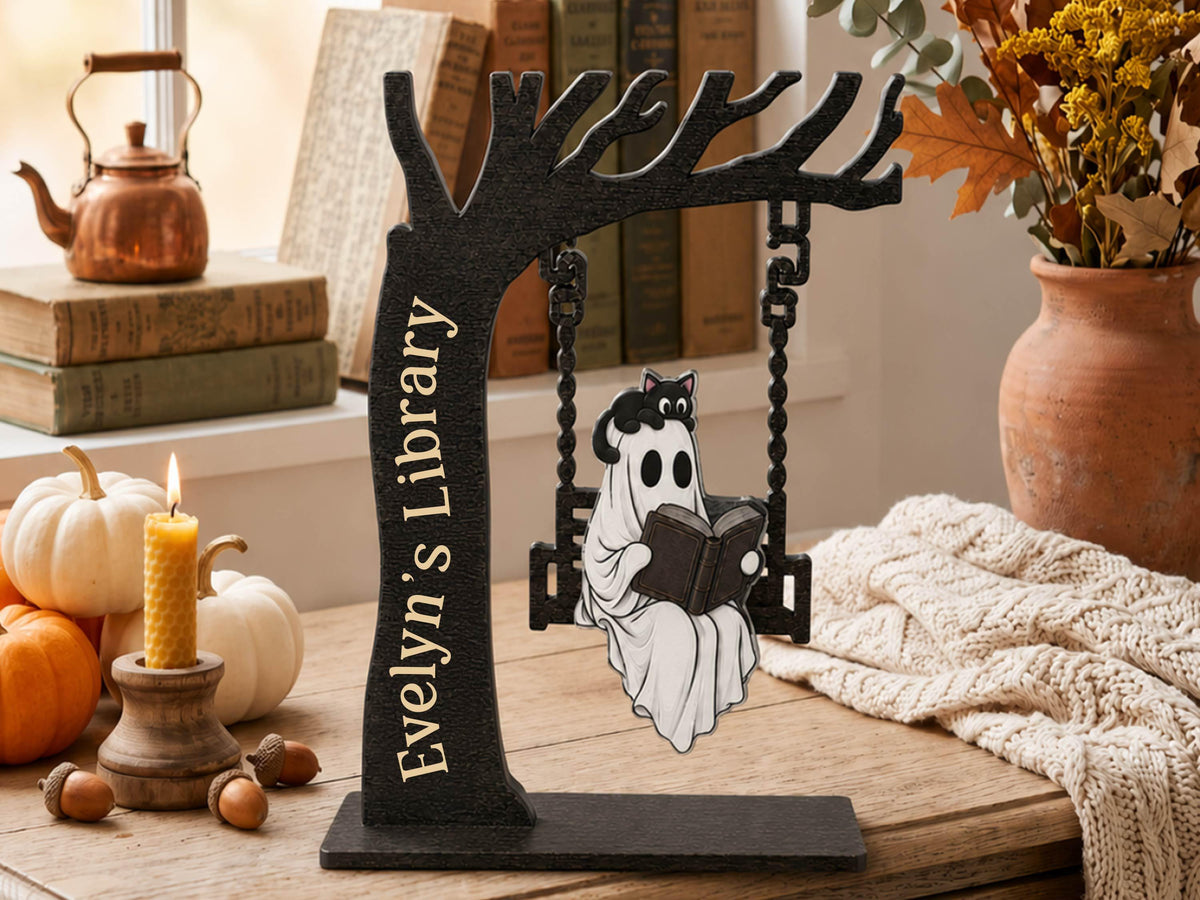 Personalized Halloween Ghost Bookshelf Sign for Book Nook, Cute Ghost On Swing Halloween Decor for Book Lover, Custom Name Library Sign