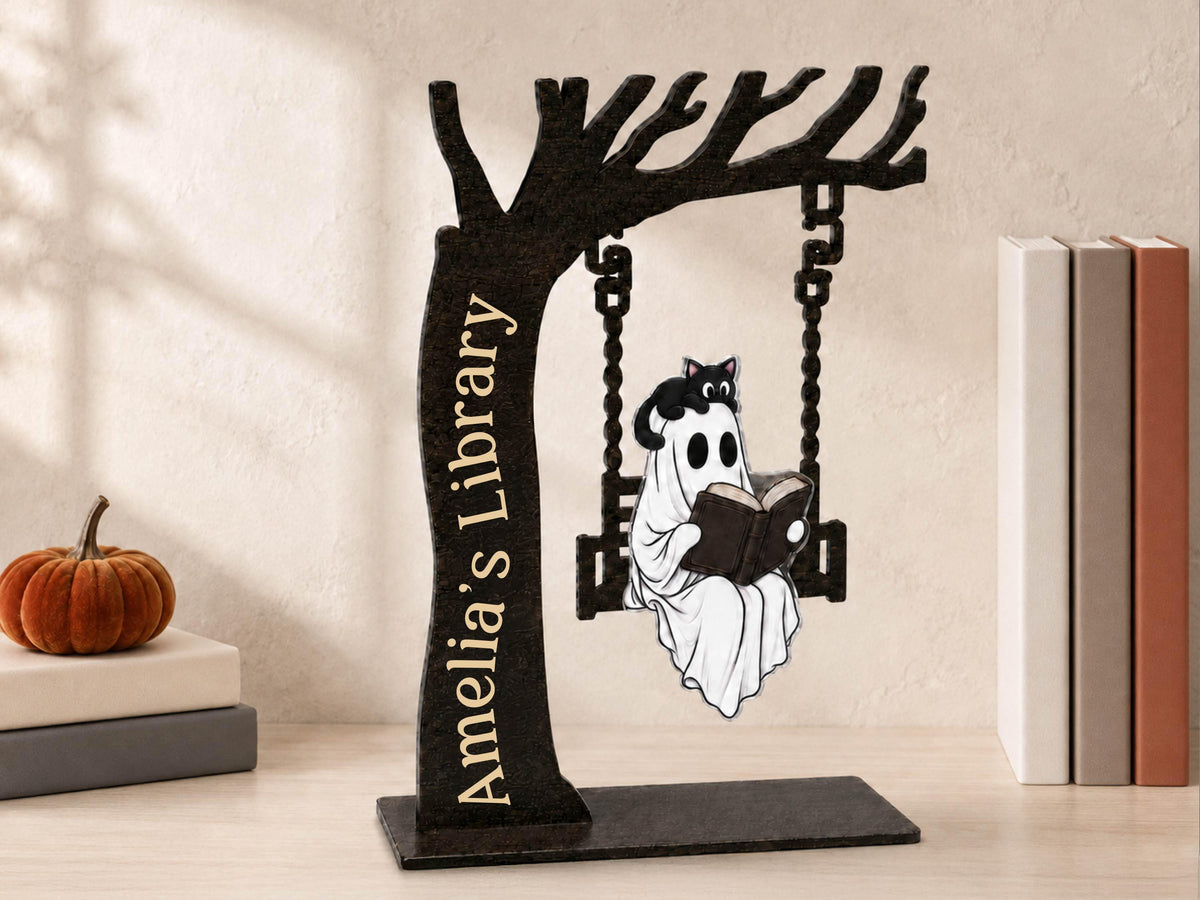 Personalized Halloween Ghost Bookshelf Sign for Book Nook, Cute Ghost On Swing Halloween Decor for Book Lover, Custom Name Library Sign